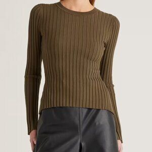 Quince Cotton Cashmere Ribbed Long Sleeve Sweater in Olive Green